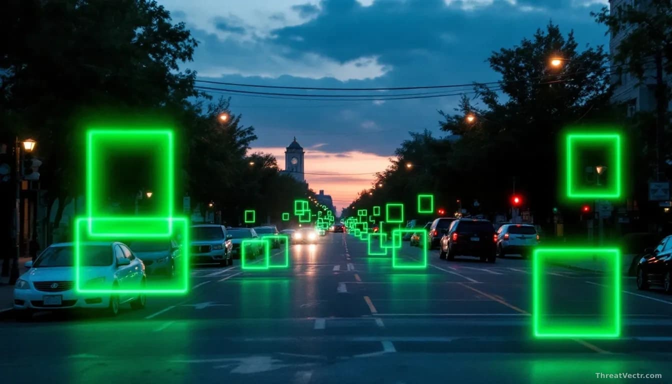 A street intersection at dusk with traffic lights and parked vehicles, overlaid with glowing green rectangular frames around license plates, representing survei