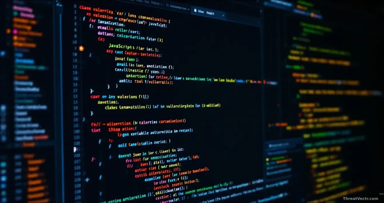 A software developer's IDE displaying JavaScript code with highlighted vulnerability sections, accompanied by Chrome browser windows showing error logs and cras