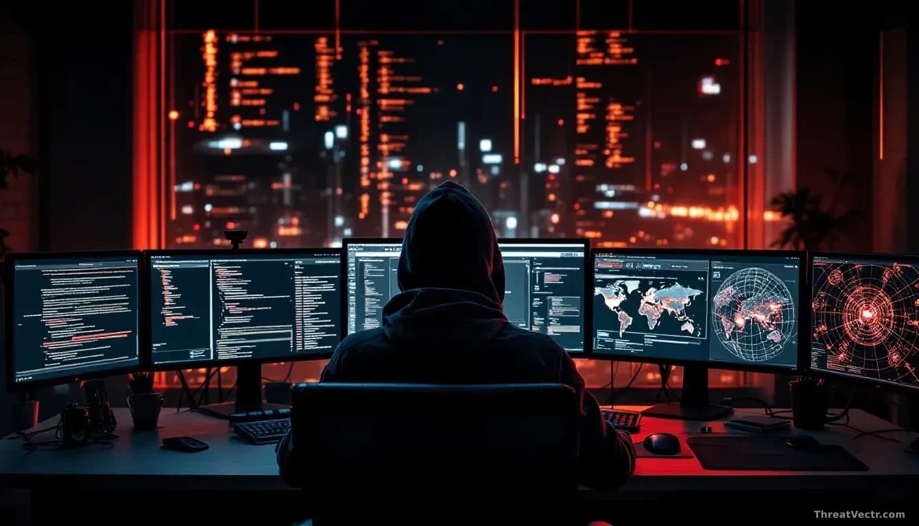 A hacker's workstation at night with multiple monitors displaying AI chat interfaces generating attack code, with maps of network vulnerabilities in real-time o