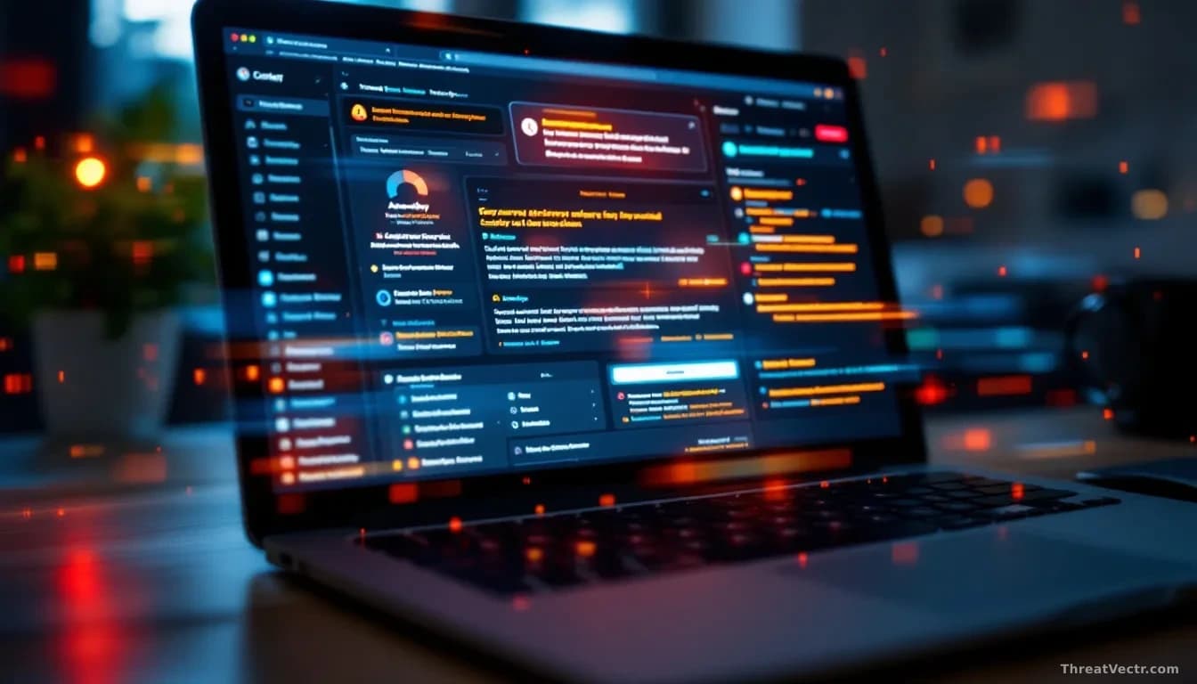 A web developer's laptop screen showing WordPress dashboard with security alerts and warnings flooding the notification panel, files being scanned by antivirus