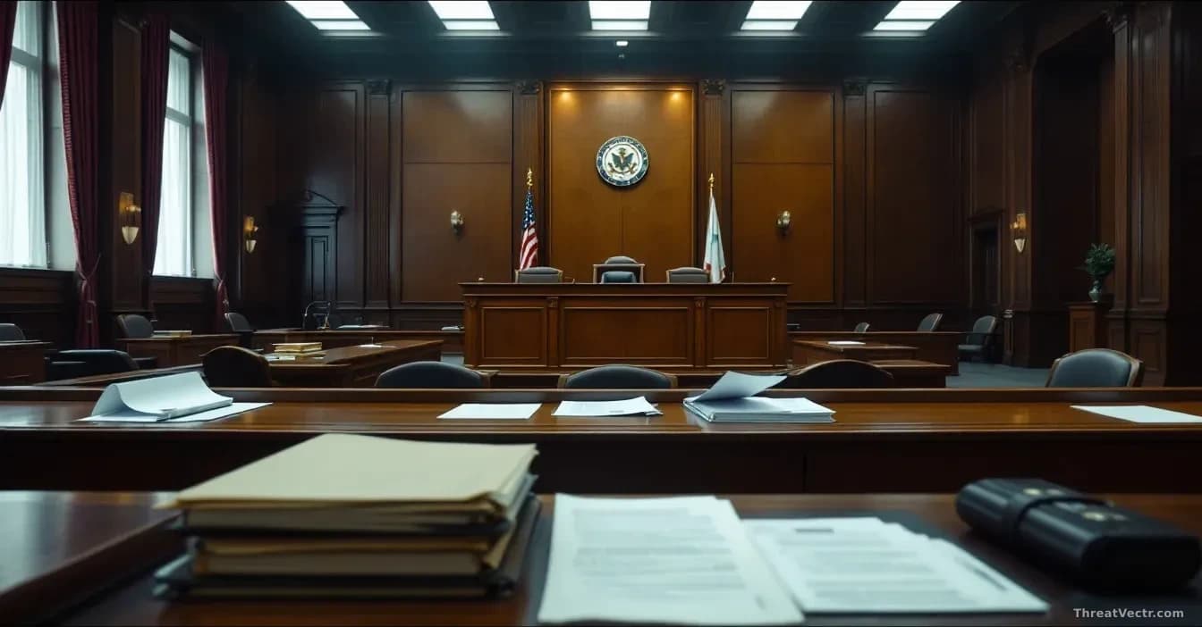 A courtroom interior with empty jury seating and judicial bench, folders and documents scattered on a desk suggesting legal proceedings underway