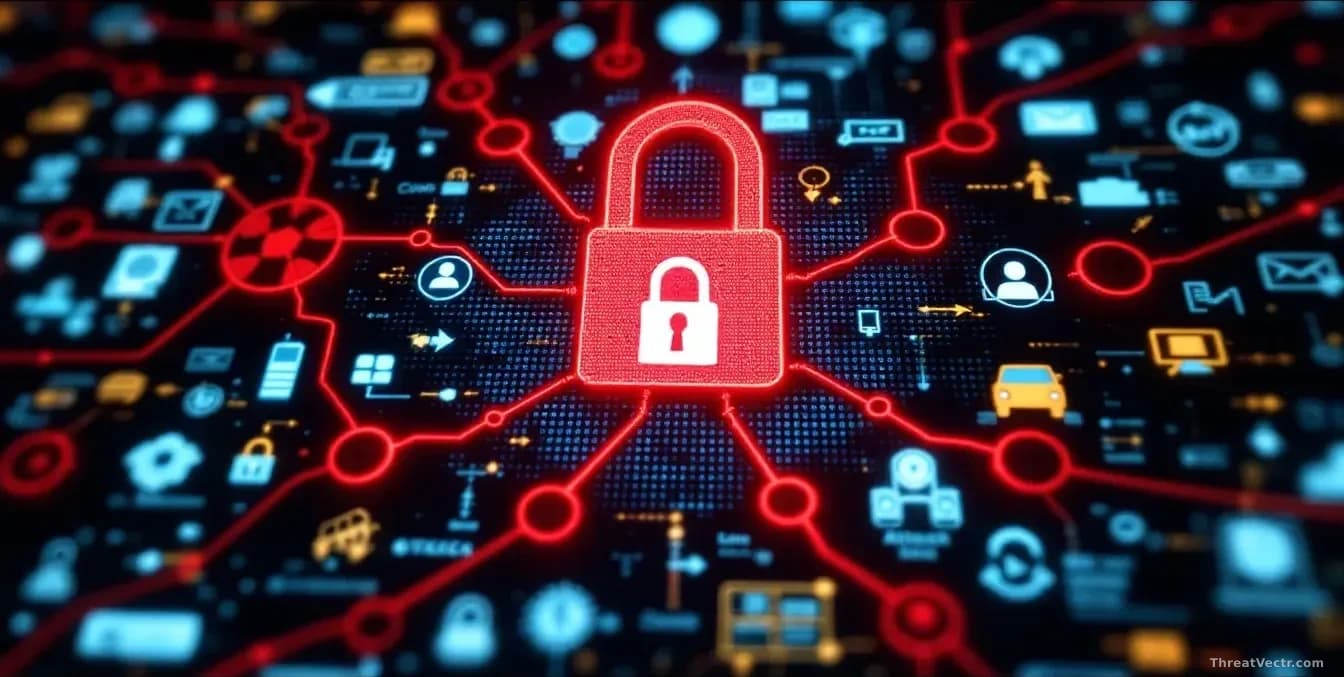 A network diagram displayed on a desktop monitor showing multiple red pathways branching around a padlock symbol, representing alternative attack routes bypassi