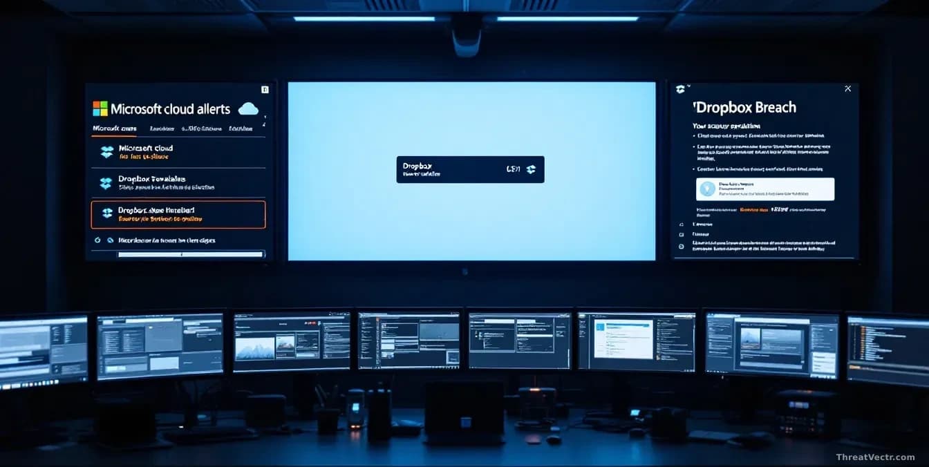 A security operations center with multiple screens showing Microsoft cloud alerts, Dropbox breach notifications, and a news ticker about the startup valuation