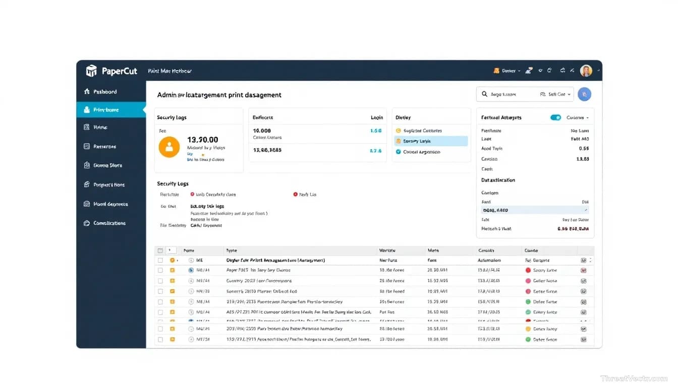 A PaperCut print management software interface on a school network admin dashboard, with security logs showing suspicious login attempts and data exfiltration