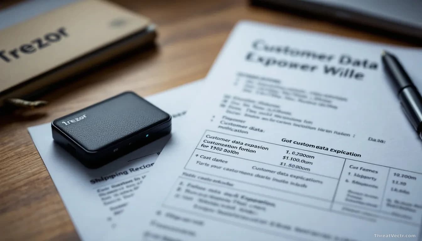 A Trezor hardware wallet sitting on a desk next to documents showing customer data exposure notifications and shipping records