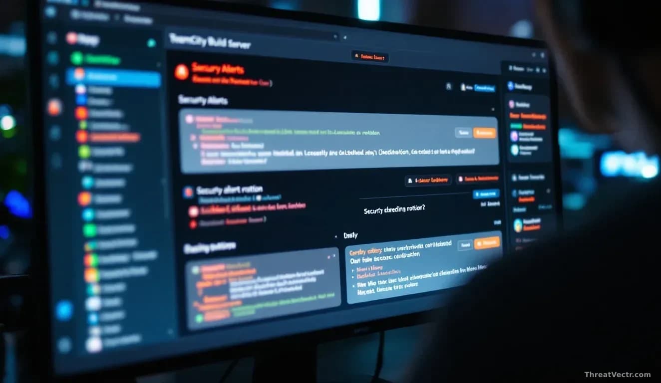 A TeamCity build server interface on a monitor with security alerts and credential rotation prompts displayed prominently across the dashboard