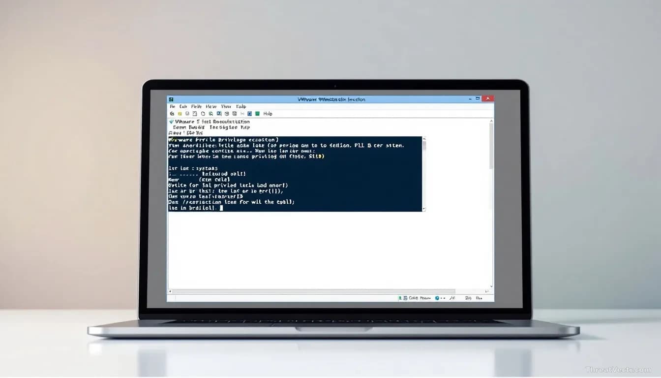 A VMware Workstation virtual machine window open on a desktop, with a system terminal showing privilege escalation commands being executed