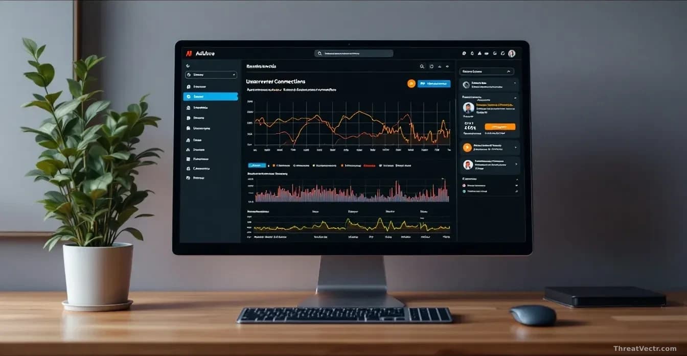 An Adobe Commerce storefront dashboard on a desktop, with network traffic visualization showing unauthorized backdoor connections in the admin panel