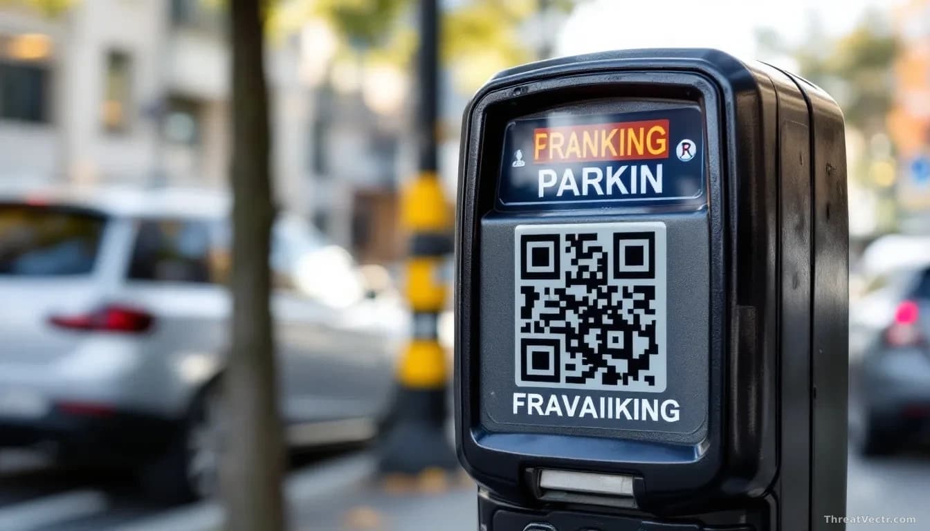 A Wellington parking meter in daylight with a fraudulent QR code sticker covering the legitimate one, parked cars visible in the background