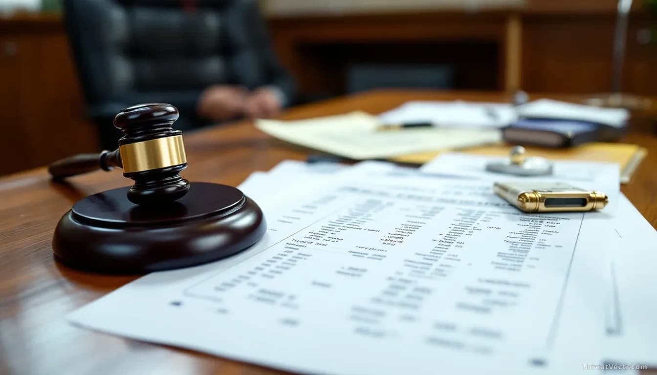 A magistrate's court room desk with case files and a gavel, with paperwork showing vehicle registration details in soft focus