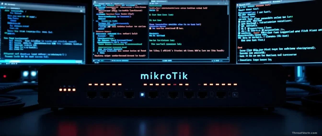 A MikroTik router with indicator lights glowing on a network rack, surrounded by terminal windows showing unauthorized access logs
