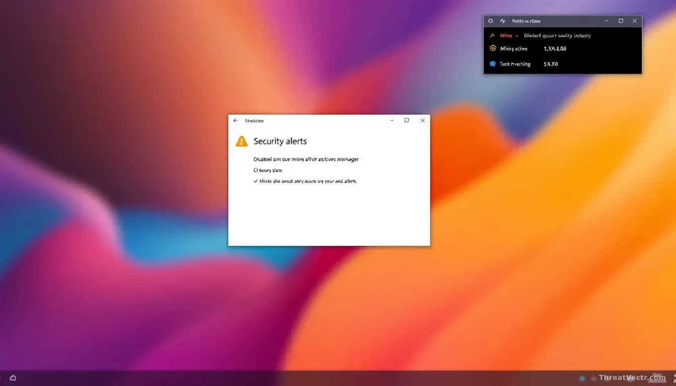 A Windows system notification center showing disabled security alerts, with mining activity indicators visible in task manager in the background