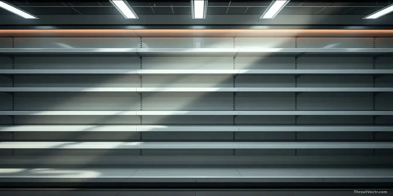 A British supermarket shelf partially empty during daytime, with overhead lighting casting shadows, suggesting supply chain vulnerability