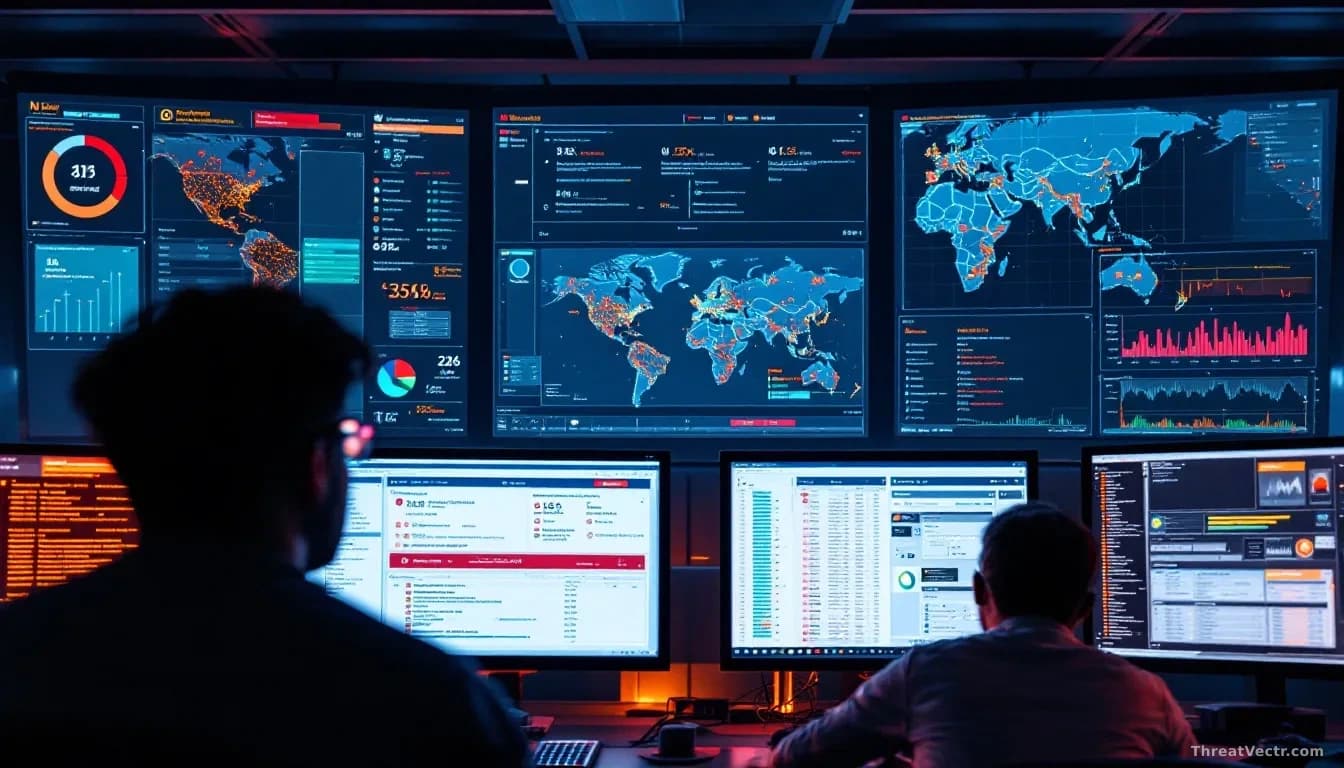 An emergency response situation in an IT operations center with multiple screens showing N-central platform alerts, critical severity warnings flashing, exposed
