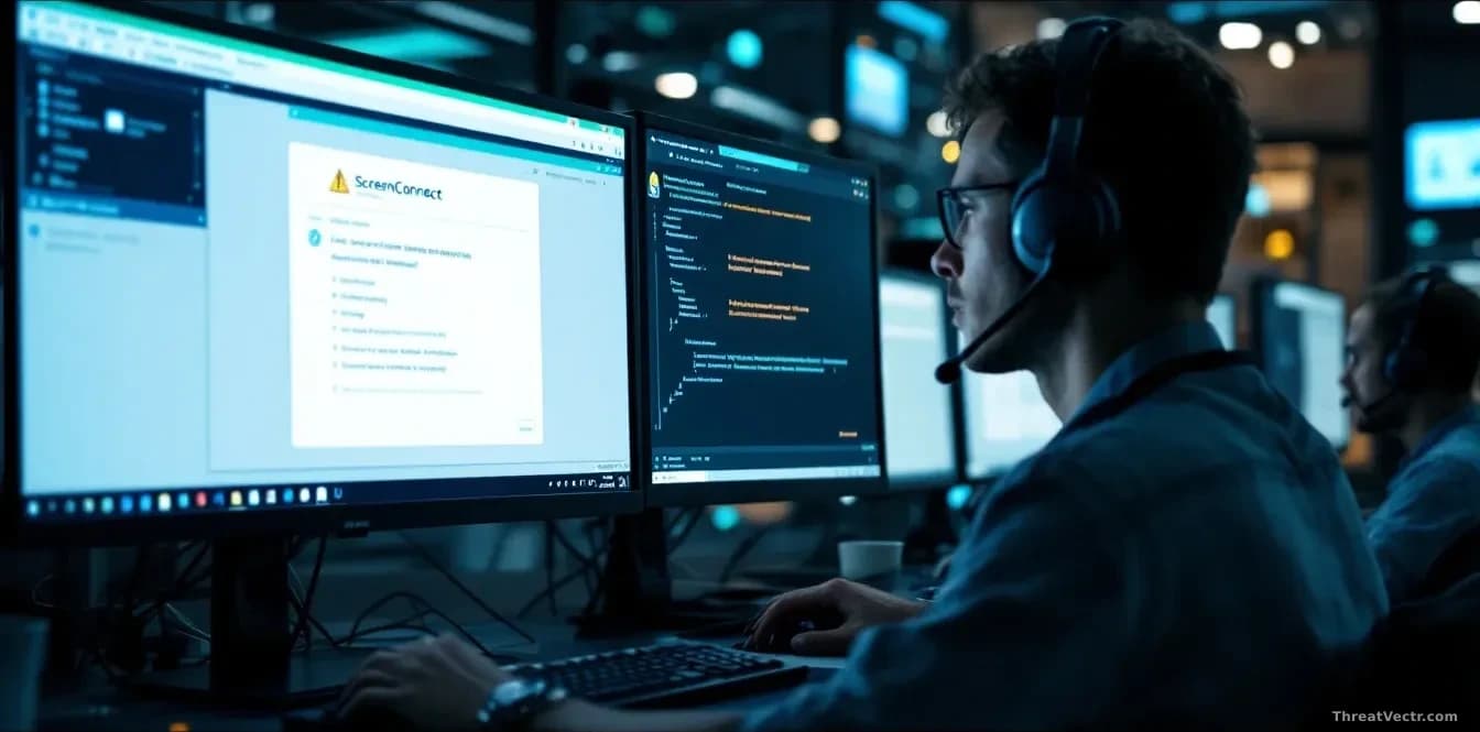 An IT support center with multiple workstations running remote support software, ScreenConnect interface visible on screens, file transfer dialogs open, warning