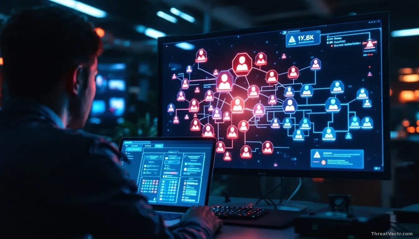 A corporate network diagram projected on a screen with IT technician at desk, remote support software interface visible, malware infection paths shown spreading