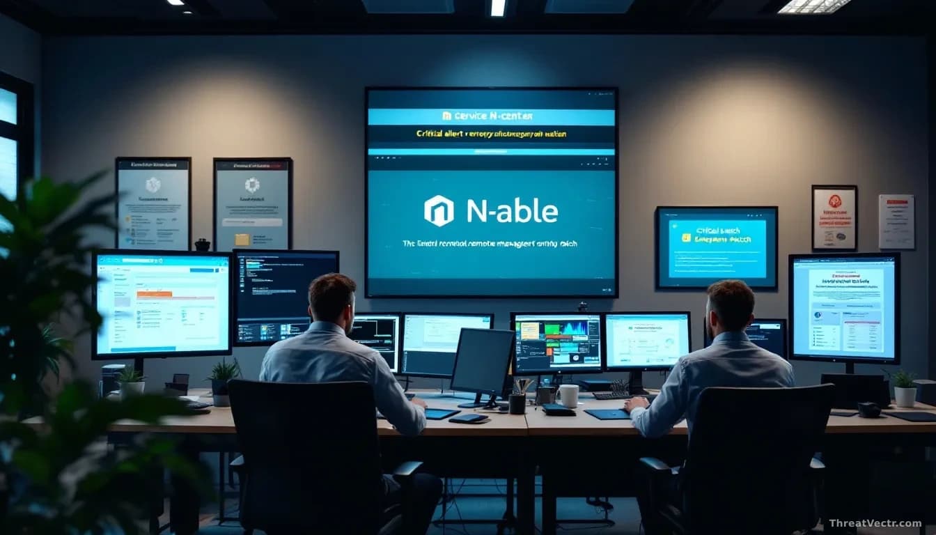 An IT service provider's office with technicians at workstations displaying N-able N-central remote management software, critical alert banners visible across m