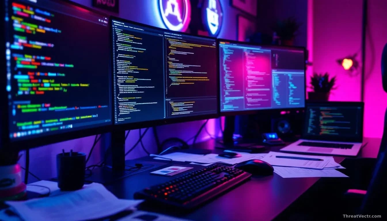 A security researcher's desk with multiple monitors displaying code exploits, vulnerability details, and security software logos (CrowdStrike, Avast, Nvidia), d