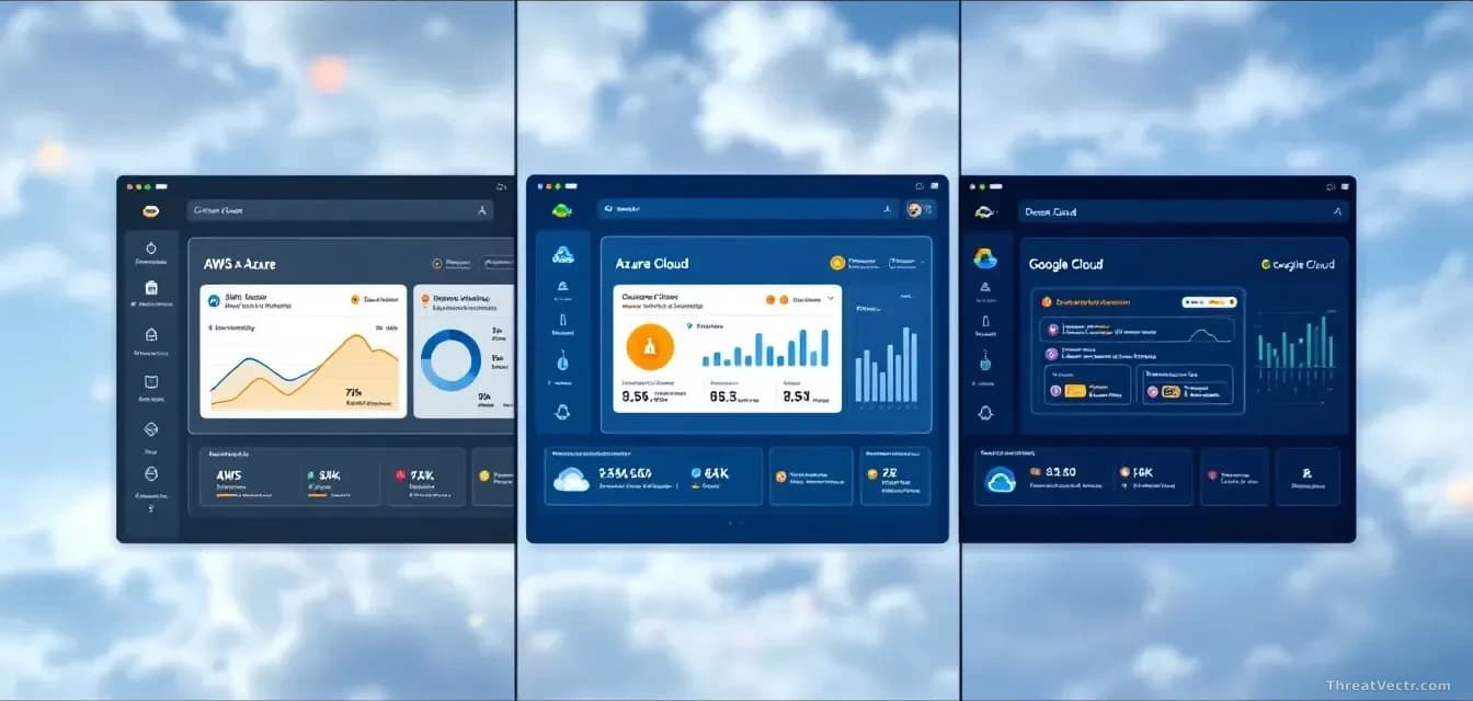 A split-screen dashboard comparison showing three different cloud provider interfaces (AWS, Azure, Google Cloud) with different security warnings and vulnerabil