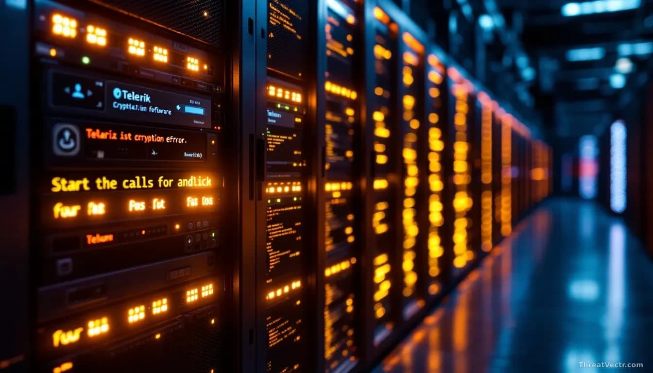 Server racks in a data center with warning lights illuminated, a computer terminal showing Telerik software interface with cryptographic error messages, chains