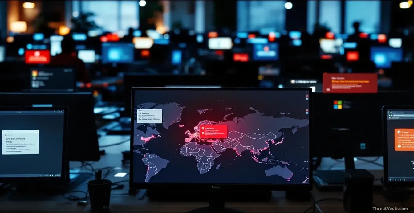 Multiple computer workstations in an office setting with Microsoft 365 login screens visible on monitors, warning dialogs overlaying the screens, world map show