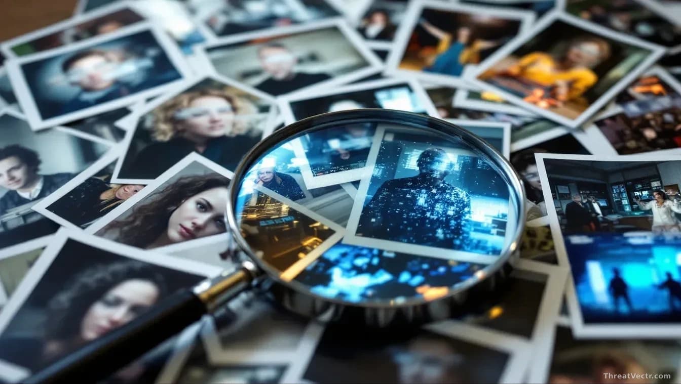 A collection of printed photographs and digital screen images showing blurred faces and manipulated video stills spread across a table, with a magnifying glass