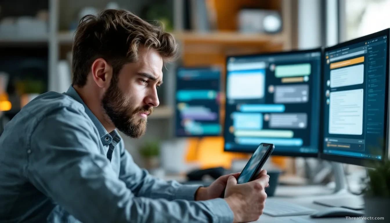 A young man at a desk looking at a smartphone screen with an uncomfortable expression, multiple chat conversation windows visible on his computer monitor behind