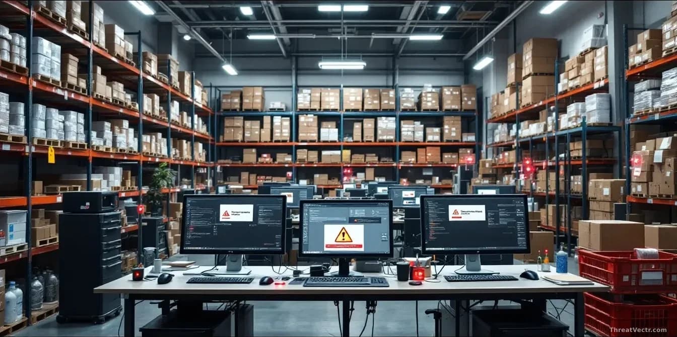 An office supply warehouse or storage facility with shelves of products, computer monitors showing warning messages on desks in the foreground, and red alert in