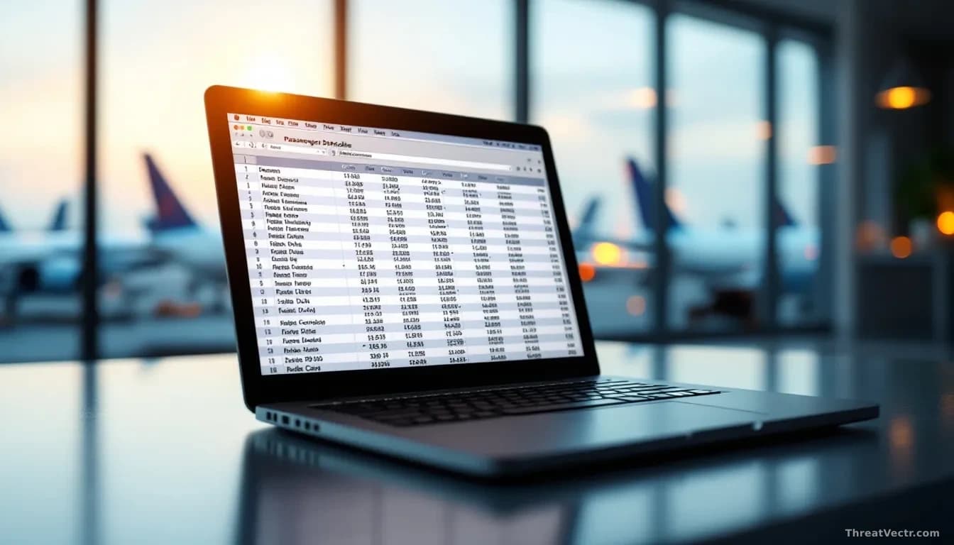 An open laptop displaying rows of passenger data in spreadsheet format, with airport terminals and airplane silhouettes visible through a window behind it, emph