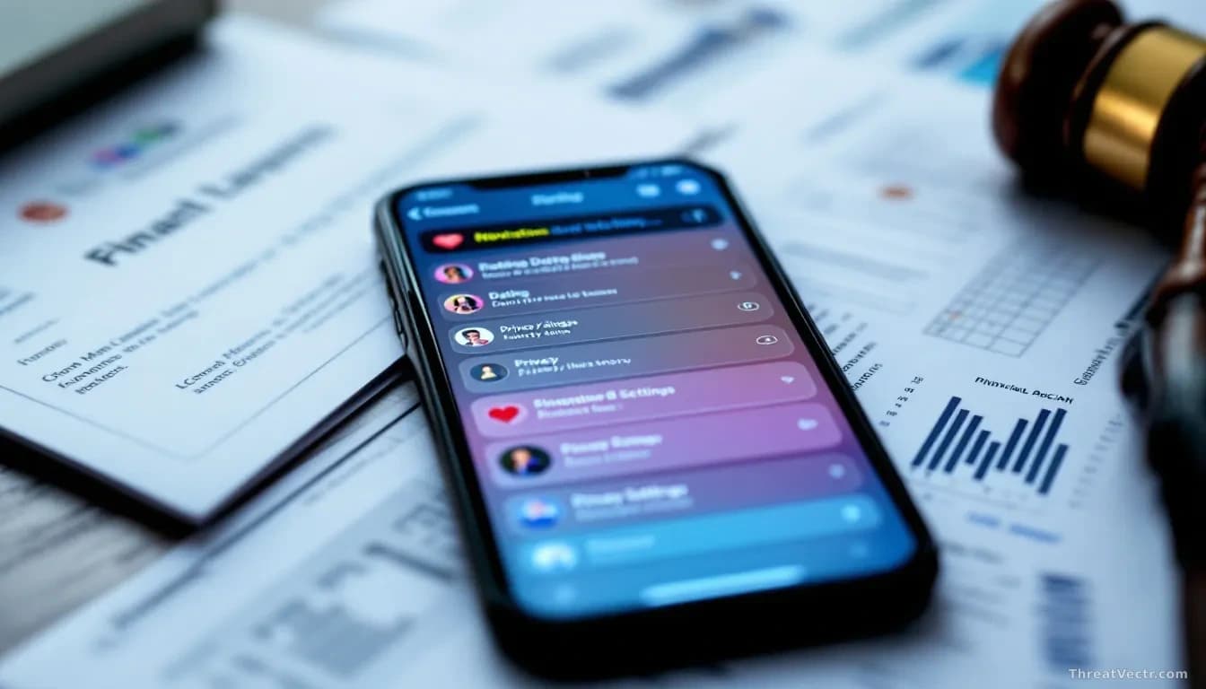Close-up of a smartphone screen showing a dating app interface with notification badges and privacy settings visible, surrounded by blurred financial documents