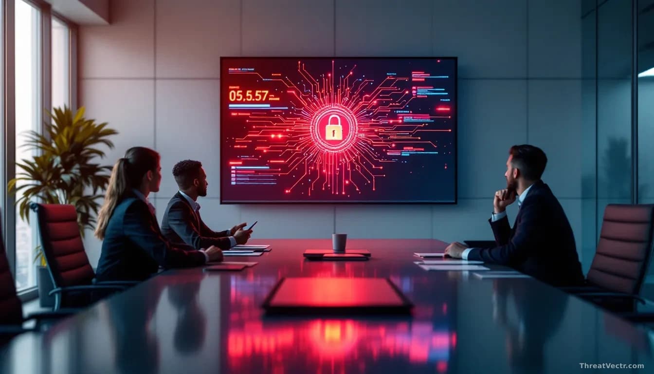 A corporate boardroom with executives focused on flashy AI security headlines on a screen, while in the background unnoticed subtle AI processes quietly disrupt