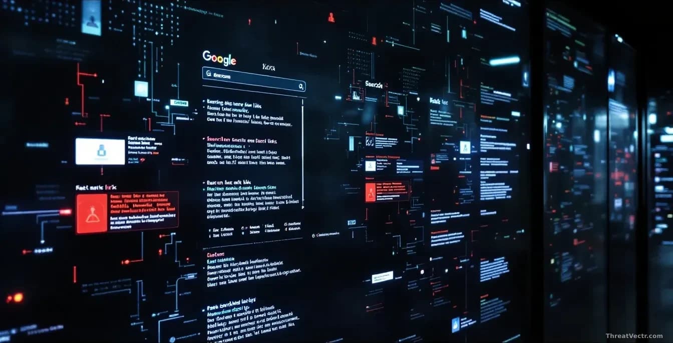 A search engine results page filled with malicious links and fake tech-support pop-ups, traced back through investigation documents to obscured IT operations in