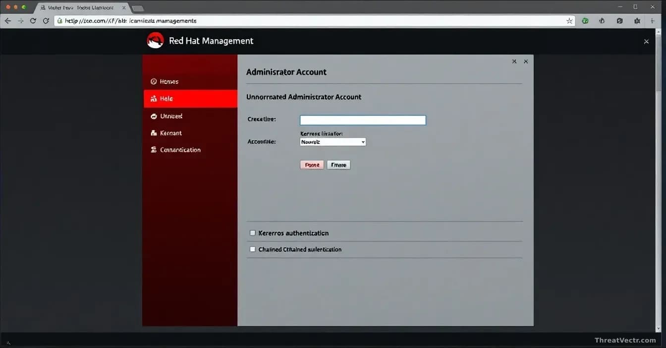 A Red Hat identity management system interface with unauthorized administrator account creation happening in real-time, showing Kerberos authentication being by