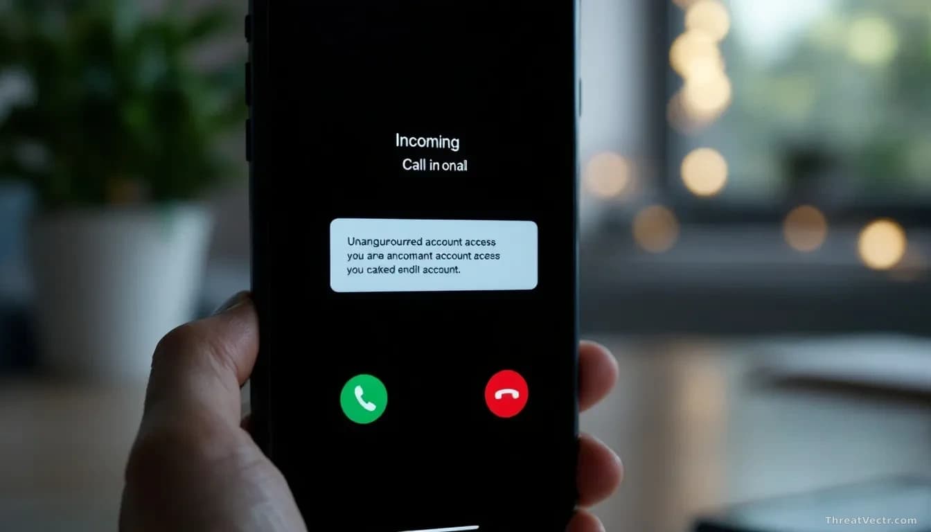 A smartphone screen showing an incoming call notification on the lock screen, with a subtle unauthorized account access indicator appearing simultaneously in th