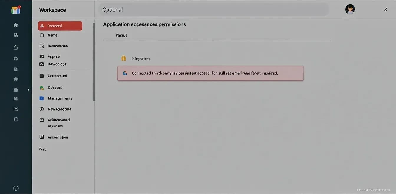 A Google Workspace administration console showing connected third-party applications with persistent access permissions, highlighting outdated integrations that