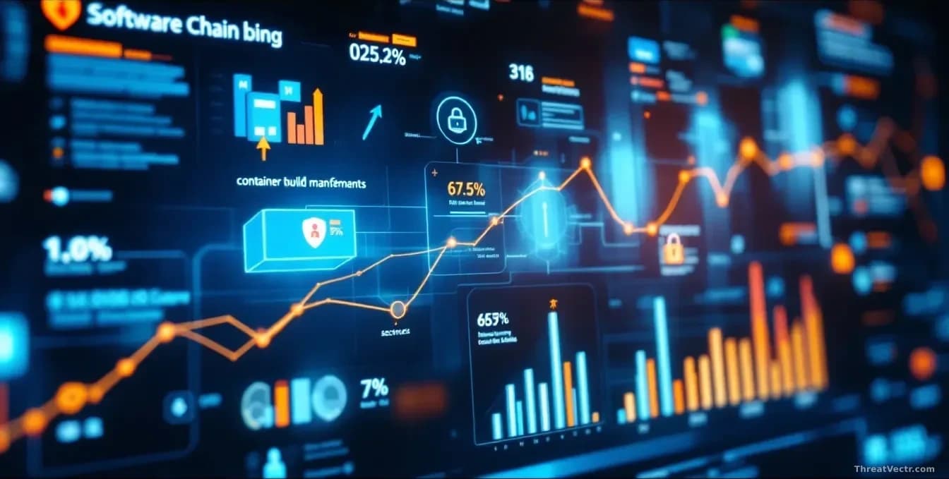 A software supply chain security dashboard displaying container build manifests flowing through secure verification checkpoints, with metrics showing exponentia