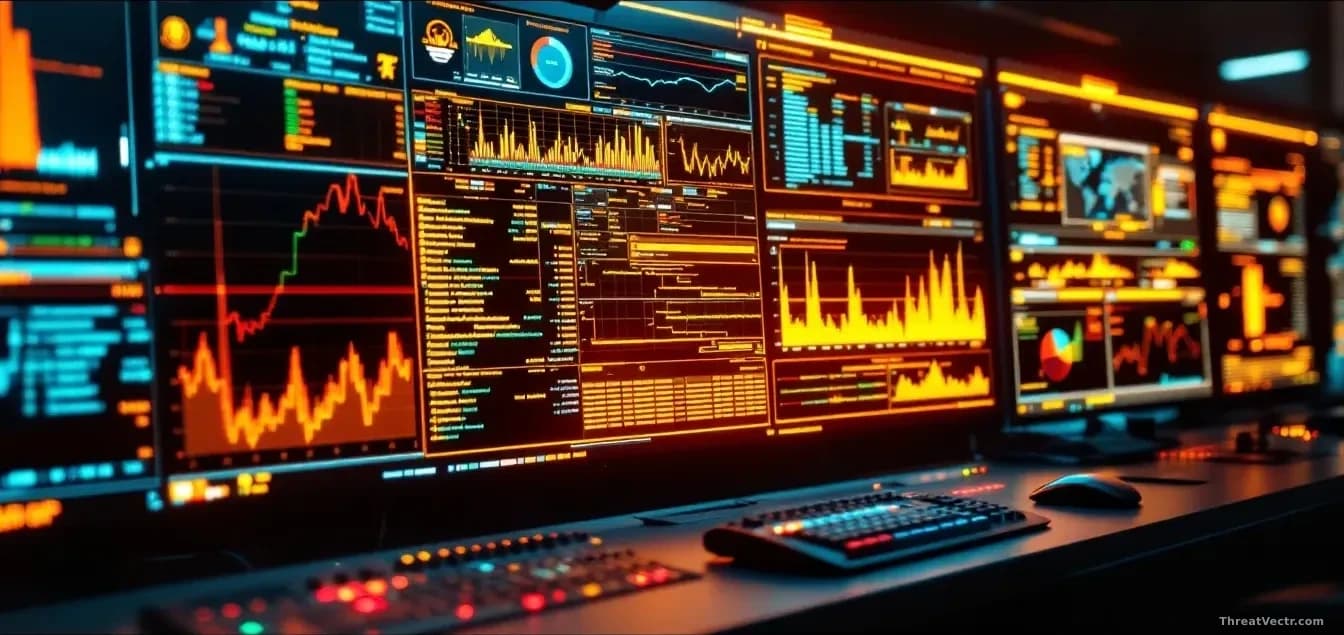 A network monitoring dashboard displaying thousands of exposed business servers connected to the internet, with critical alerts flowing across multiple screens