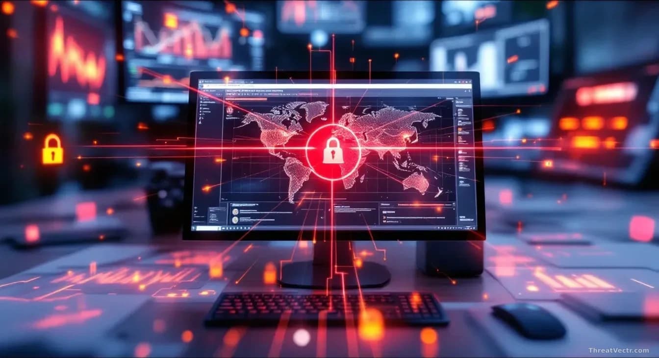 An enterprise business software interface on a computer screen surrounded by open security vulnerability reports, with a red alert indicating unauthorized comma