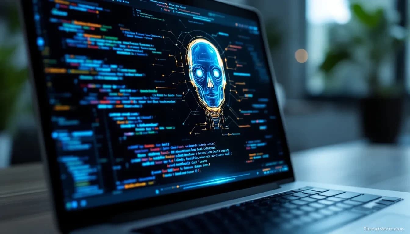 A laptop screen showing an AI chatbot interface with layers of code visible underneath, depicting data being siphoned away through hidden system processes in th