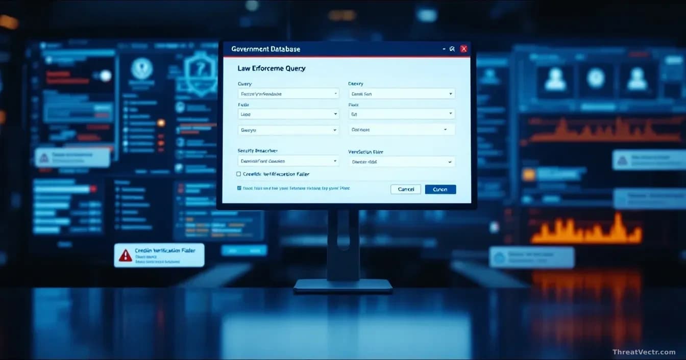 A government database interface with law enforcement query fields displayed, surrounded by security breach notification alerts and credential verification failu