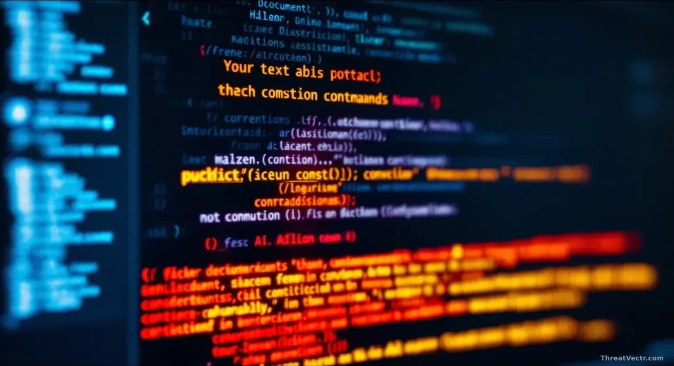 A document displayed on screen with hidden text or embedded commands highlighted, shown alongside an AI assistant interface processing the document's instructio