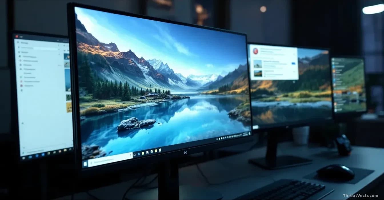 A Windows 11 desktop with the taskbar positioned on different screen edges in a multi-monitor setup, showing the customizable positioning feature with 1,000 pat