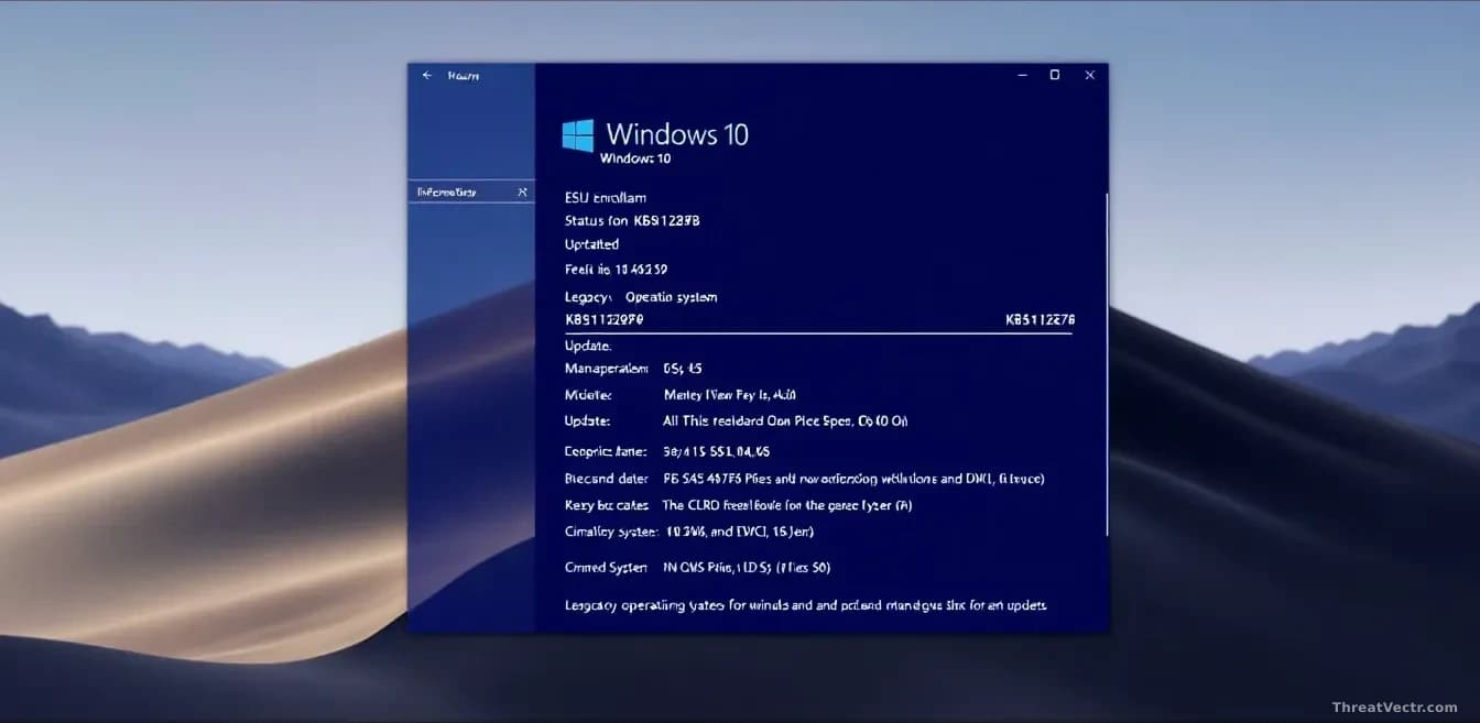 A Windows 10 system information window displaying ESU enrollment status and KB5122878 update details, with legacy operating system indicators visible