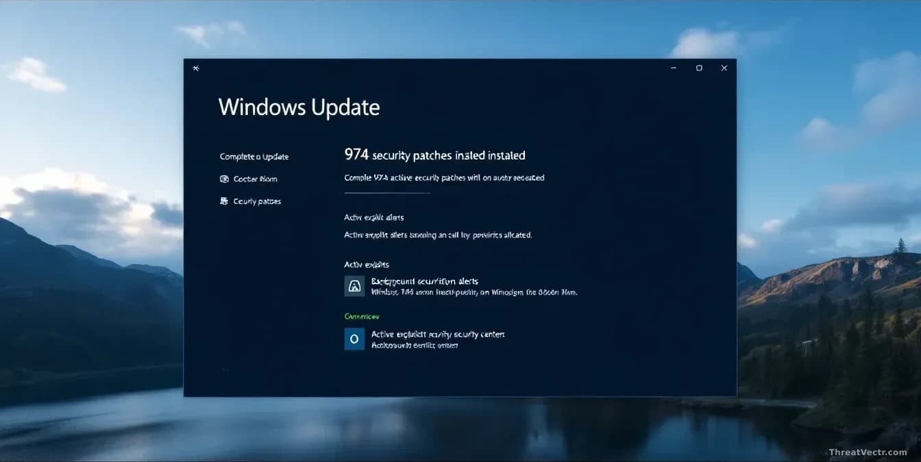 A Windows Update completion screen showing 974 security patches installed, with active exploit alerts visible in background security center notifications