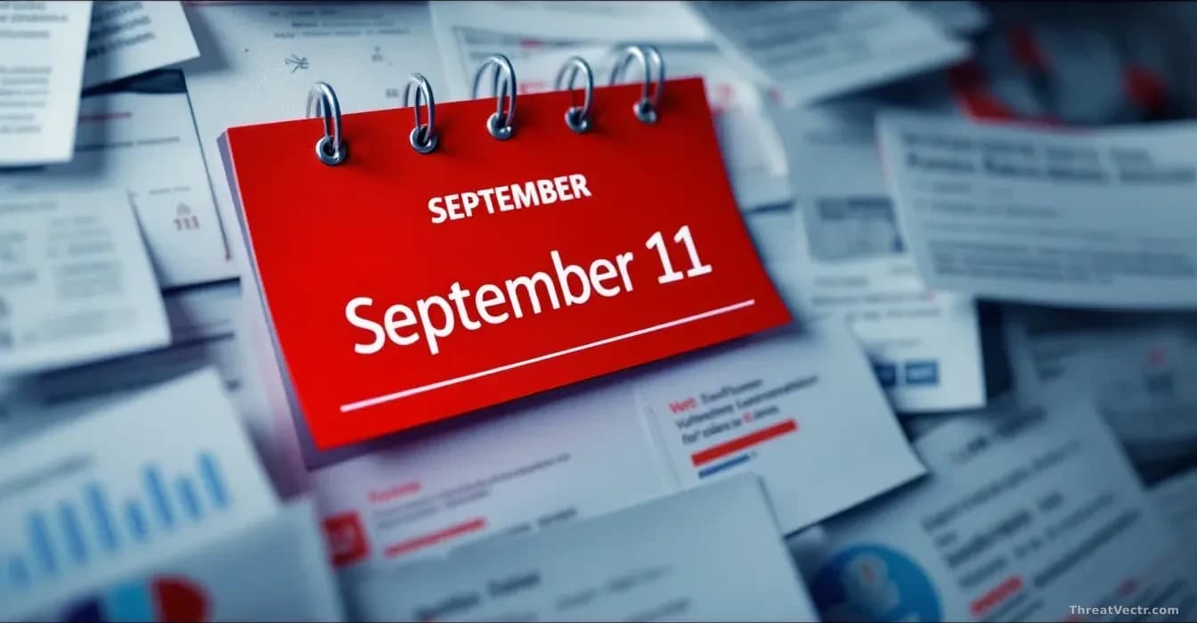 A calendar showing September 11 highlighted in red with notification badges, surrounded by software vendor communication interfaces and vulnerability disclosure