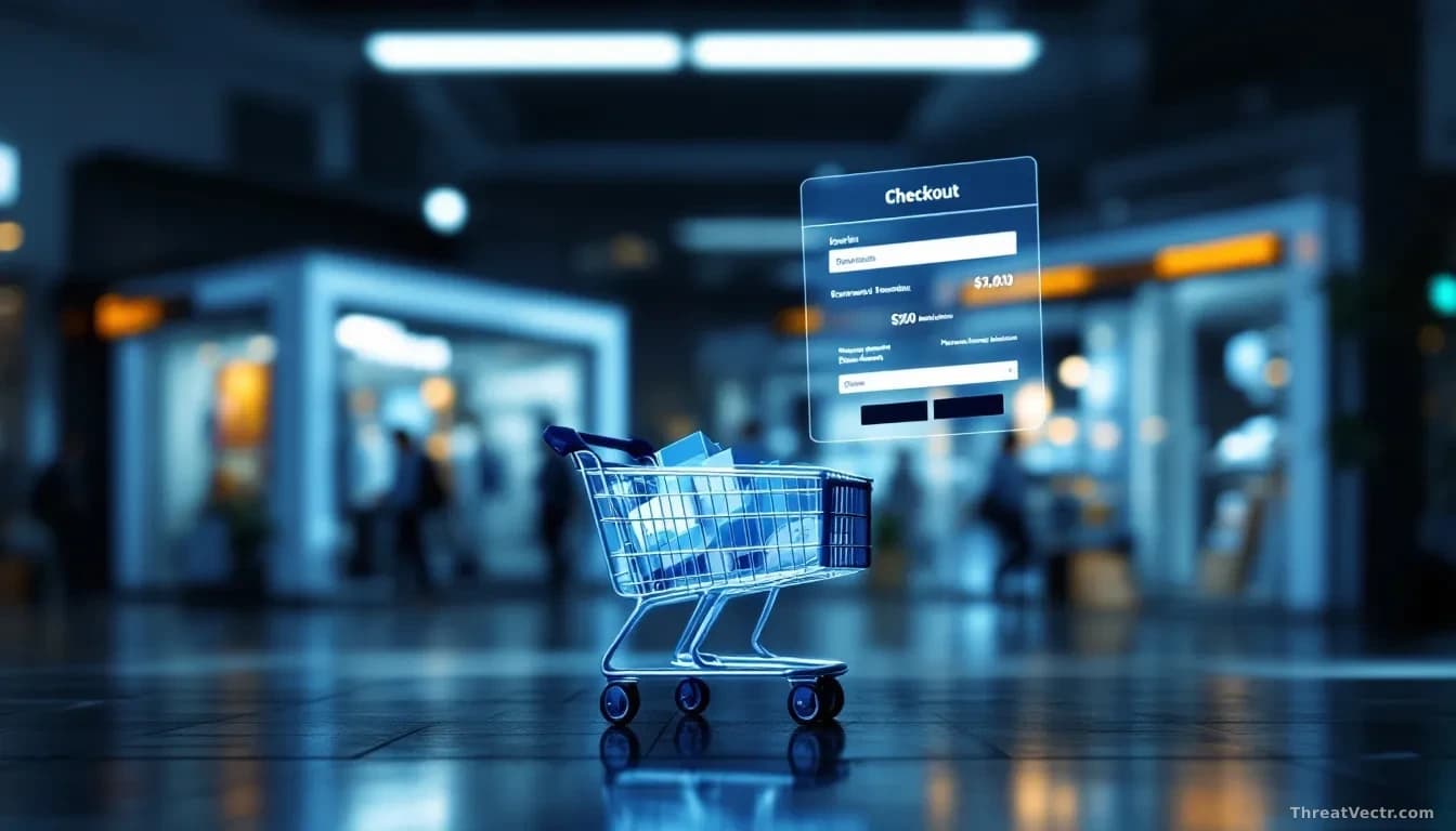 A retail website checkout page showing a shopping cart with product images and payment form, with ghosted duplicate storefronts overlaid behind it suggesting co