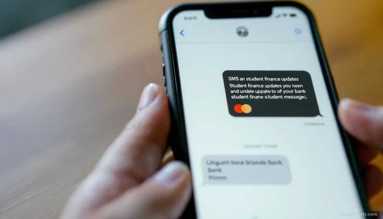 A smartphone screen showing an SMS message about student finance updates positioned next to a legitimate bank message, both displayed side-by-side to show the s