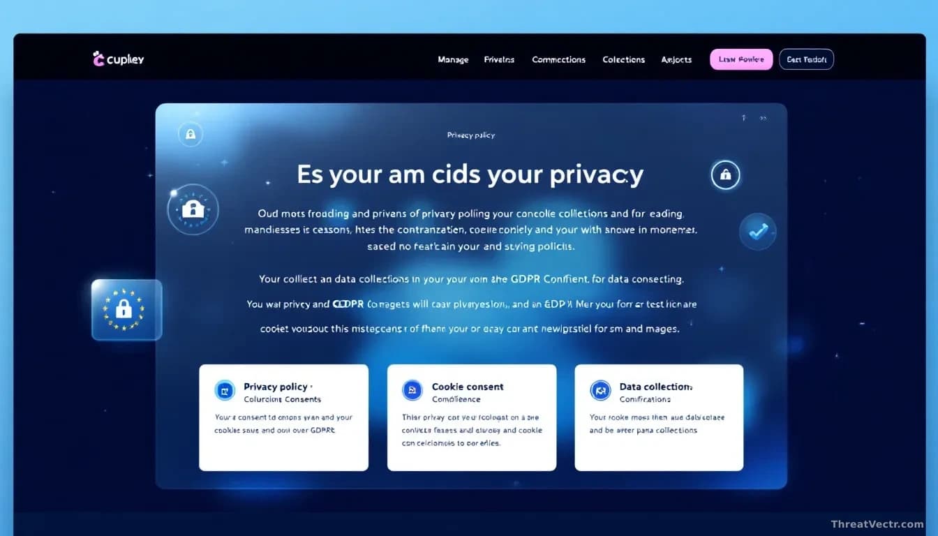 A website landing page with privacy policy text and GDPR compliance badges, with a transparent overlay highlighting cookie consent and data collection mechanism