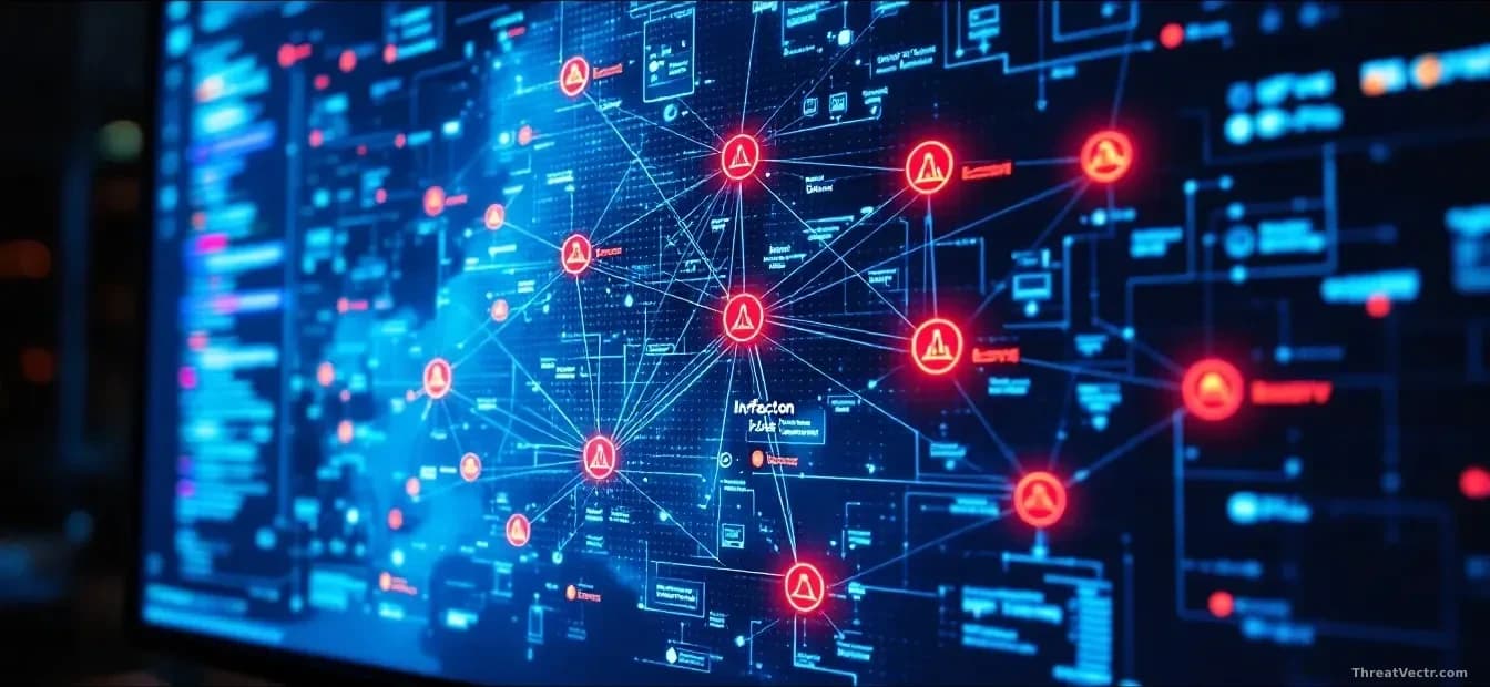 Network infrastructure diagram displayed on a large monitor with nodes highlighted in red, representing affected telecommunications routing systems with severit