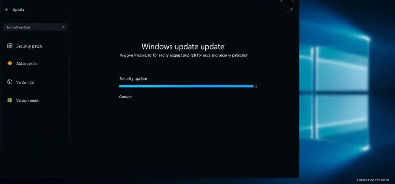 A Windows update installation screen showing a progress bar at completion, with security patch notification badges and version numbers visible in the background